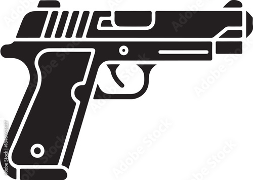 Black and white outline of a handgun with a stylized letter S on the slide pistol