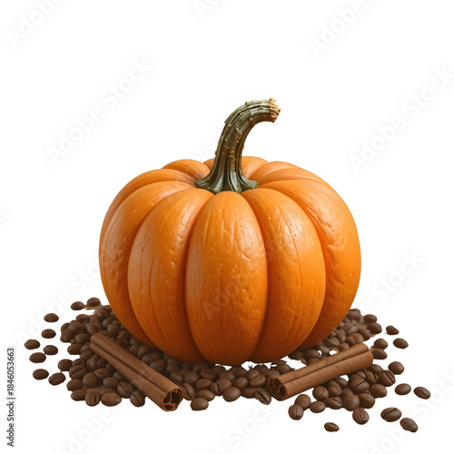 Autumn pumpkin with scattered coffee beans isolated on white background, cozy fall harvest concept, seasonal food decor, thanksgiving and autumn festival design element