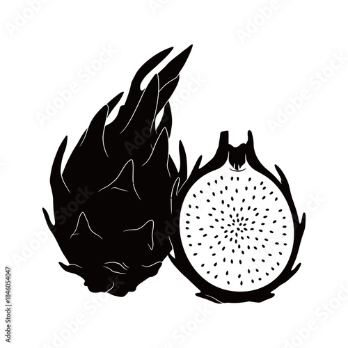 Stylized black and white illustration of whole and sliced dragon fruit (Pitaya), showcasing its exotic texture and seeds, representing tropical superfood and healthy eating.
