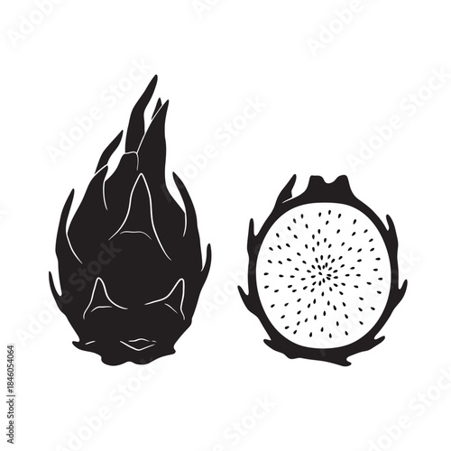 Stylized black and white illustration of whole and sliced dragon fruit (Pitaya), showcasing its exotic texture and seeds, representing tropical superfood and healthy eating.