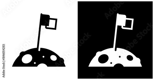 Flag On The Moon Icon Set In White And Black Background