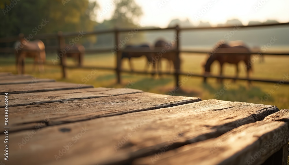 Obraz premium Rustic wood planks foreground blurred horses graze on grassy field beyond wooden fence. Warm morning sunlight bathes quiet pastoral farm scene. Peaceful rural countryside atmosphere.