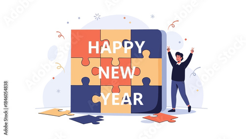 Happy young professional celebrating beside a completed puzzle spelling "Happy New Year" with festive confetti accents, concept for holiday greetings, resolution planning and future strategy