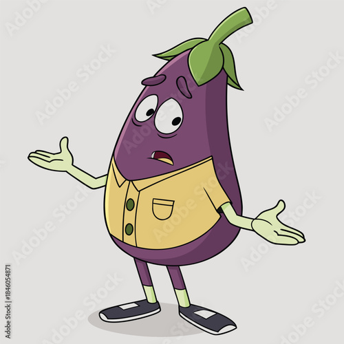 Eggplant cartoon character shrugging, confused expression, unsure, isolated