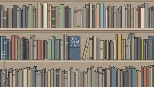 Illustrated three-level bookshelf packed with multicolored books, featuring a prominent volume labeled "The Art of 2026", concept for educational planning, academic study and literary representation
