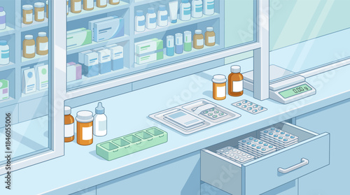 Pharmacist preparing medication in modern pharmacy counter