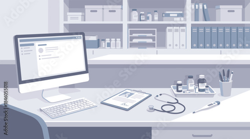 Doctor's office workspace with computer and medical supplies on desk