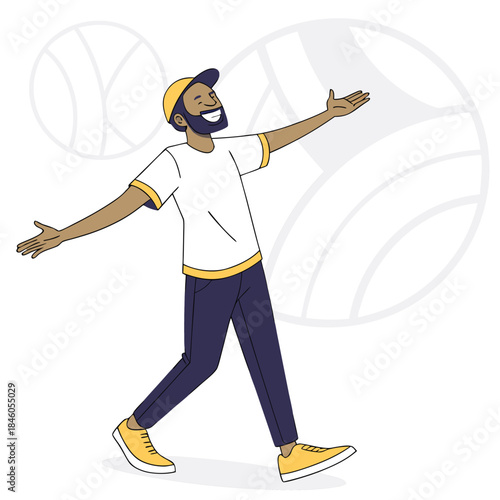 Cheerful bearded man in cap walking happily with arms wide open, freedom, joy and success.