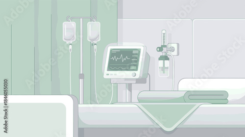 Hospital room with medical equipment and heart rate monitor