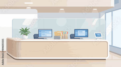 Modern office reception desk with computers and office supplies