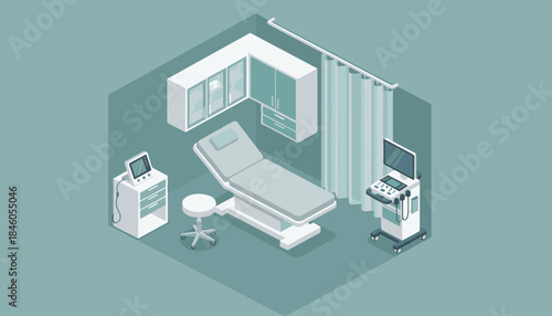 Modern hospital room with medical equipment and curtained bed