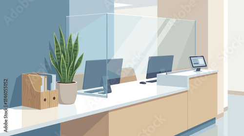 Modern office workspace with computer and protective screen