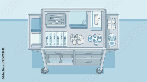 Medical cart with organized surgical supplies and equipment