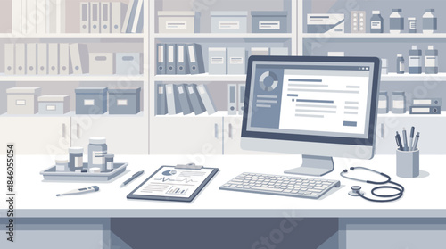 Modern medical office workspace with computer and medical supplies