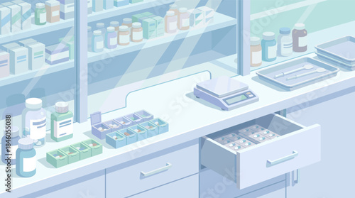 Pharmacist workspace with medication and supplies on counter