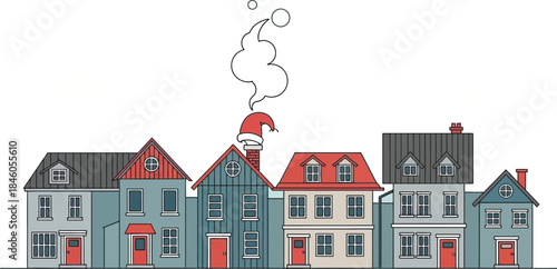 Row of colorful townhouses with a chimney smoking