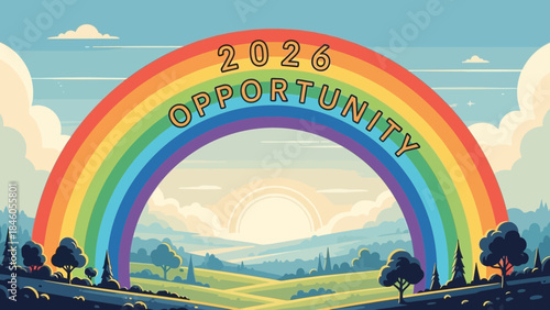 Retro illustration of a vibrant rainbow with "2026 Opportunity" text arching over a serene landscape background, concept for new year planning, future goal setting and financial growth promotion