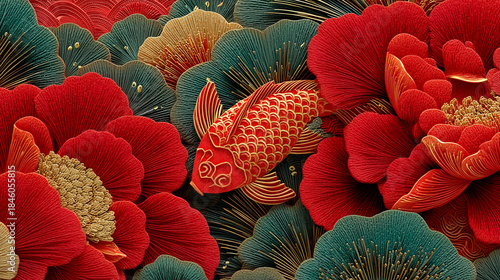 New Year's Celebration: A vibrant illustration of a koi fish swimming amidst lush red and teal peonies, symbolizing prosperity and good fortune, perfect for festive designs and holiday greetings.