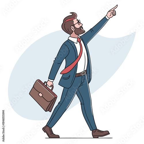 Businessman walking forward pointing upwards, confident vision for future success