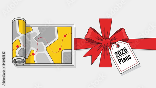 Vector illustration of a rolled-up map showing a strategic route next to a gift bow and a "2026 Plans" tag, concept for future planning, business roadmap and goal achievement