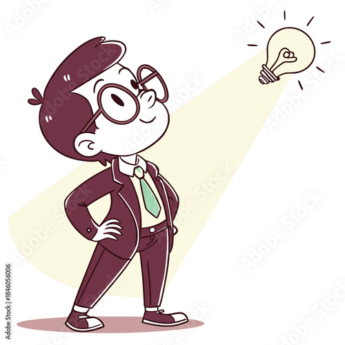 Cartoon character in suit and glasses having a bright idea with light bulb above head