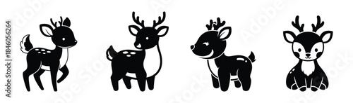 Set of four charming cartoon deer illustrations in black and white