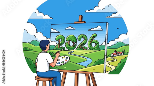Young man artist painting a vibrant green hilly landscape featuring topiary number 2026 under a bright blue sky, concept for new year celebration, environmental goals and future planning