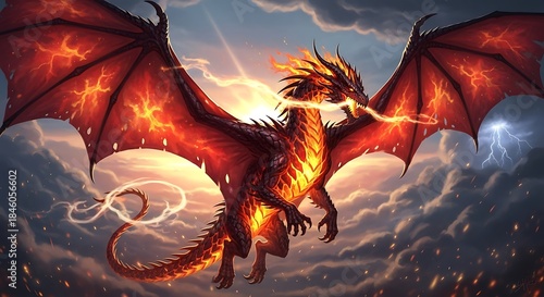 Majestic Fire Dragon Soaring Through Stormy Skies Artwork.