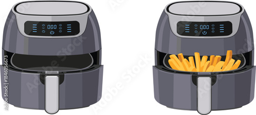 Modern Digital Air Fryer Vector Illustration: Empty and Full with Crispy Golden French Fries
