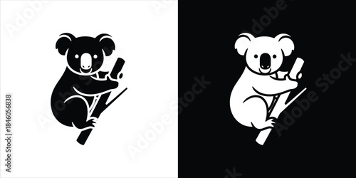 Cute Koala illustration in black and white, sitting on a tree branch