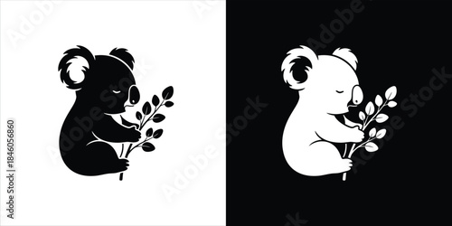 Black and White Koala Illustration Holding Eucalyptus Branch