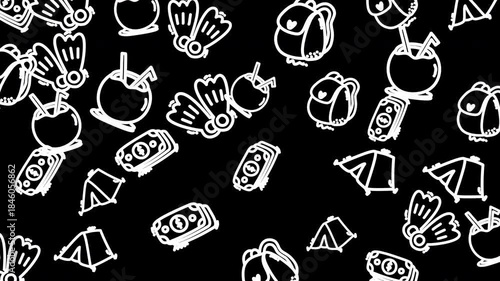 Abstract Black and White Travel and Adventure Icons Seamless Loop Background.