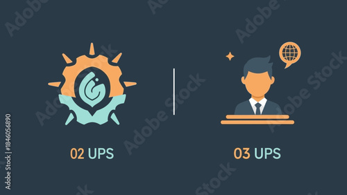 Dual flat vector icons representing technical strategy/growth and a corporate executive with global communication, concept for business strategy, corporate identity and marketing presentation
