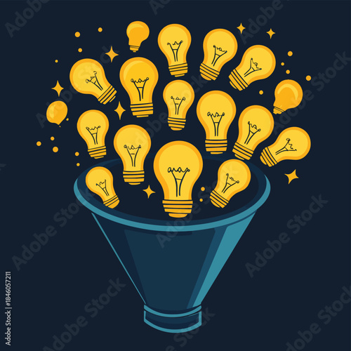 A funnel filled with lightbulbs, each representing an idea being distilled into actionable solutions through teamwork, vector style simple color