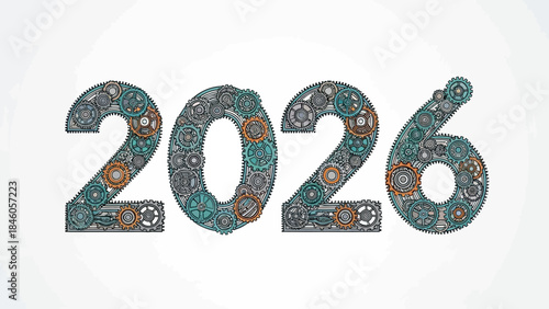 Steampunk-style rendering of the year 2026 created from intricate mechanical gears and cogs, isolated on white, concept for engineering project, future technology planning and new year celebration