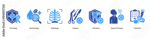 Clinical Treatment and Diagnosis web banner illustration featuring Oncology, Hematology, Radiology, Surgery, Dentistry, Speech Therapy, and Nutrition.