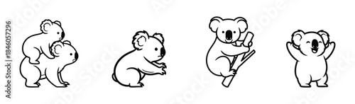 Charming black and white koala illustrations depicting playful moments and natural behaviors