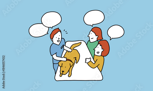 動物病院の診察室　飼い犬を獣医師に診てもらう家族のイラスト