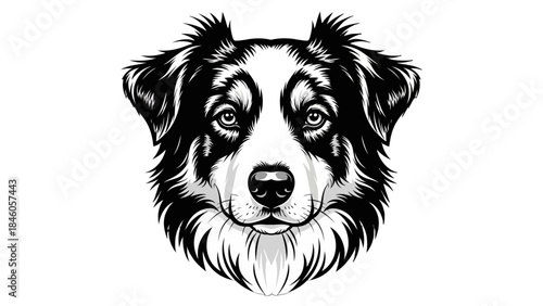 Detailed black and white illustration of an Australian Shepherd dog's head, facing forward with a symmetrical and expressive face.