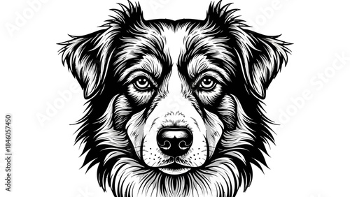 A striking black and white illustration of an Australian Shepherd dog's face, showcasing its detailed fur and intense gaze.