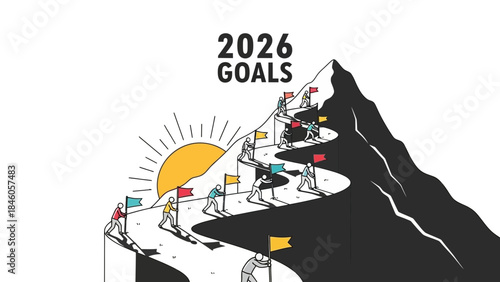 Workers climb a winding path marked with flags towards the 2026 Goals banner on a mountain, concept for strategy planning, business achievement and corporate motivation seminar