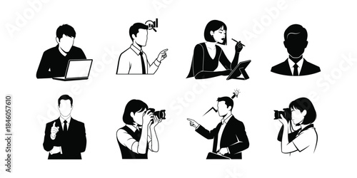 Eight black and white icons of business professionals in various activities