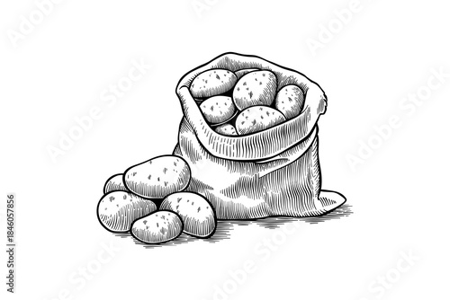 lineart illustration of a bag of potatoes with carving technique