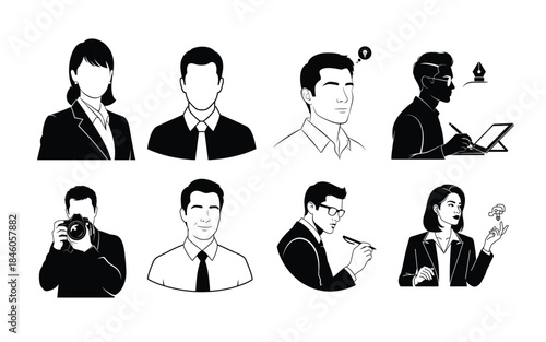 A collection of nine business professional icons in black and white