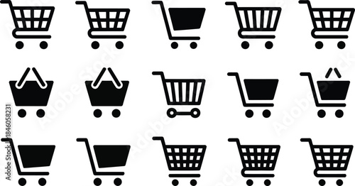 Shopping cart e-commerce icon vector, flat black minimalist design, online shopping symbol.