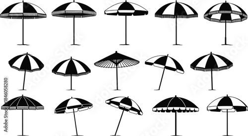 Set of Black and White Beach Umbrella Silhouettes and Icons in Various Positions, Perfect for Summer, Holiday, Resort, Travel, Market, and Outdoor Graphic Design Elements.