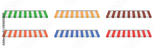 “Colorful Striped Shop Awnings Collection – Red, Blue and White Store Canopy Vector Set”