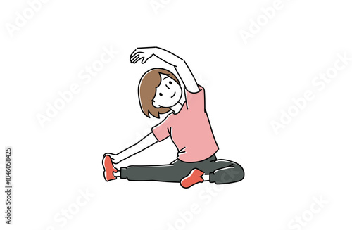 座って体側を伸ばすストレッチをする女性のイラスト