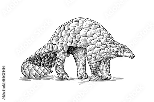 hand-drawn line art illustration of a pangolin