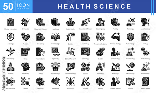 Health Science icon set featuring medical information, diagnostics, clinical specialties, therapies, and research fields including cardiology, neurology, microbiology, oncology, and nutrition.